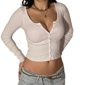 Brandy Melville White Ribbed Button-Up Long Sleeve Top – One Size